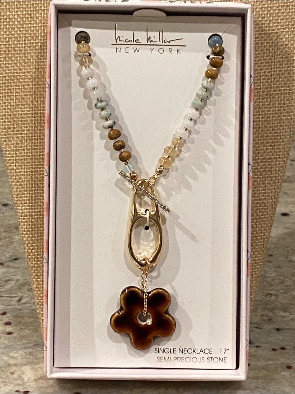 Nicole Miller Flower Pendant Necklace w/ semi precious stone beads NWT 17 inch